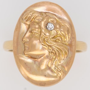 Victorian Art Nouveau Woman Face Diamond Repousse Design Cufflinks Converted to Ring 14K Gold Hair Women Reimagined Vintage Conversion R6281