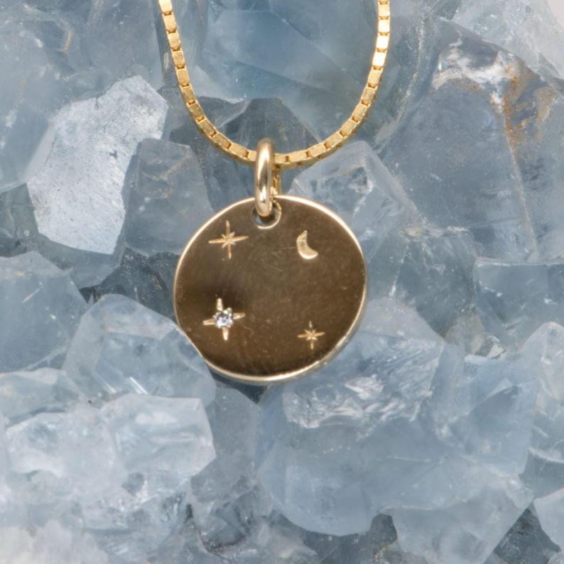 12mm Celestial Diamond Circle 14K Gold Pendant Charm Necklace Hand Engraved Carved Sun Ray Moon Stars Birthday Gift for Her Talisman M4005 image 1