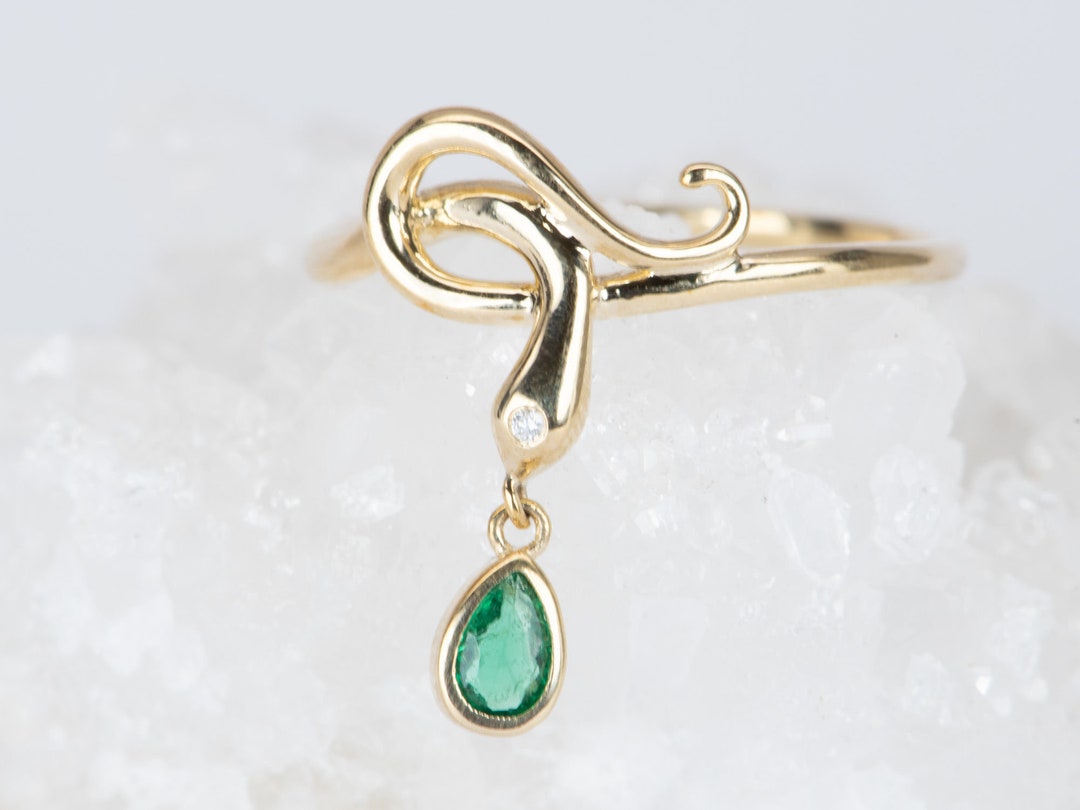 Snake Coil Ring With Emerald Dangle and Diamond Head 9K Gold Etsy