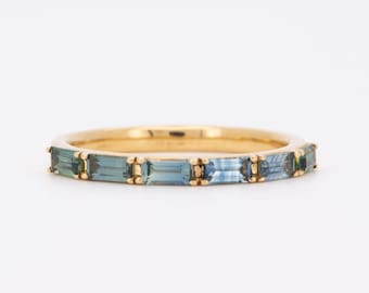 Baguette Teal Sapphire Wedding Band 14K Gold Blue Green Bi-Color Modern Stylish Designer Look September Birthstone Anniversary Gift R6550