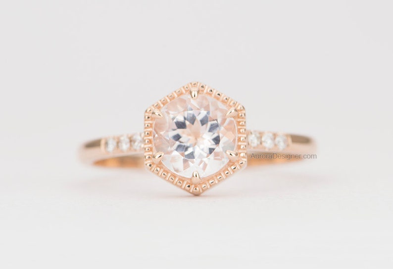 Soft Pink 6.5mm Morganite Ring 14K Gold Hexagon Setting Milgrain Diamond Pave Unique Engagement Ring Wedding Geometric Alternative AD1462MO image 1