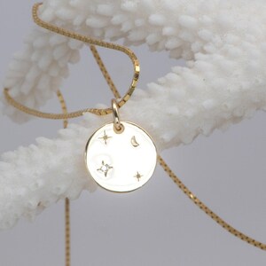 12mm Celestial Diamond Circle 14K Gold Pendant Charm Necklace Hand Engraved Carved Sun Ray Moon Stars Birthday Gift for Her Talisman M4005 image 2