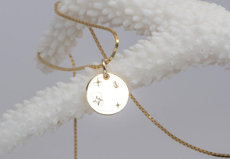 12mm Celestial Diamond Circle 14K Gold Pendant Charm Necklace Hand Engraved Carved Sun Ray Moon Stars Birthday Gift for Her Talisman M4005 image 2