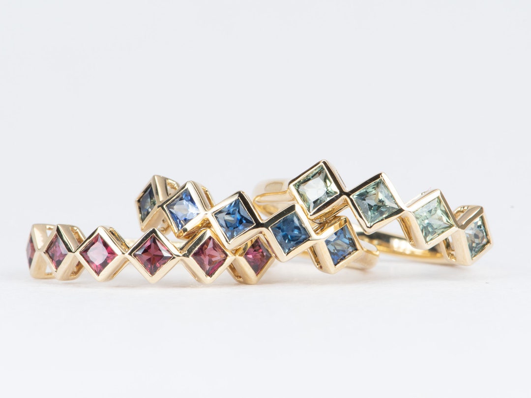 Square Sapphire Bezel Set Stacking Band 14K Gold Princess Cut Blue ...