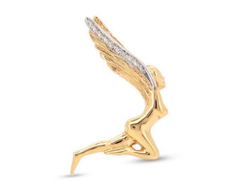14K Gold Flying Fairy Pin Brooch with Diamond 4.63g Woman Lady Figure V1205