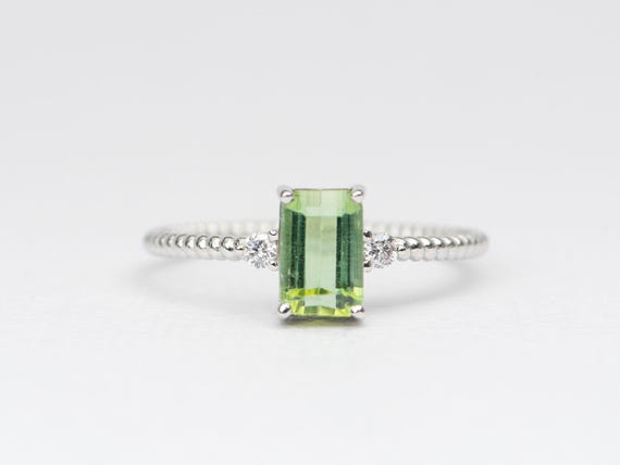 Bright Green Tourmaline and Diamond 14K White Gold Ring Lagoon Color Unique Natural Gemstone Right Hand OOAK Great Anniversary Gift R6380