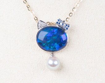 Australian Opal Cat Pendant 18K White Gold Kitten Charm for Necklace Cute Animal Lover Jewelry Diamond Blue Sapphire Akoya Pearl R4282