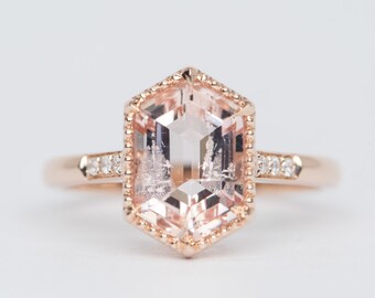 2.17ct Soft Pink Hexagon Morganite Engagement Ring 14K Rose Gold Diamond on Band Unique OOAK Gift for Her Alternative Bride Bridal R6392