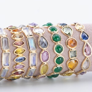 14K 18K Gold Colorful Gemstone Circle Bezel Set Full Eternity Band Stacking Rings Tourmaline Moonstone Sapphire Emerald Rainbow Natural Gems