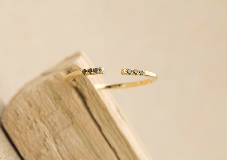 Black Diamond Ring Open End Stacking Rings 14K Gold Cuff Thin Wedding Band Knuckle Stackable Rings Christmas Gift for Her Handmade AD1102B