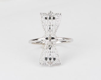 Vintage Filigree Bow Pin Converted to Navette Ring 14K White Gold R6546