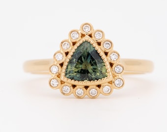 Solid 14K Gold 2.86ct Bi-Color Teal Sapphire Engagement Ring with Diamond Pave Band R6812