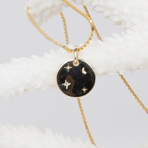 12mm Celestial Diamond Circle 14K Gold Pendant Charm Necklace Hand Engraved Carved Sun Ray Moon Stars Birthday Gift for Her Talisman M4005 image 3