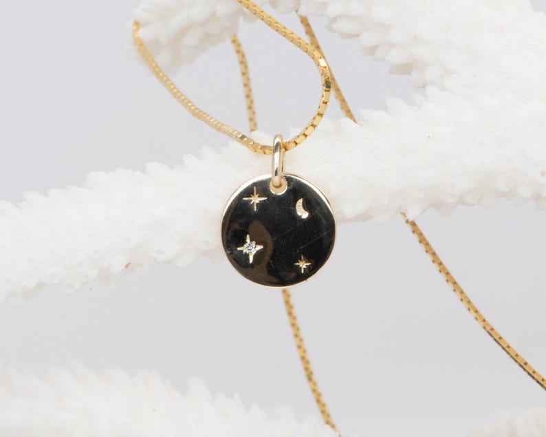 12mm Celestial Diamond Circle 14K Gold Pendant Charm Necklace Hand Engraved Carved Sun Ray Moon Stars Birthday Gift for Her Talisman M4005 image 3