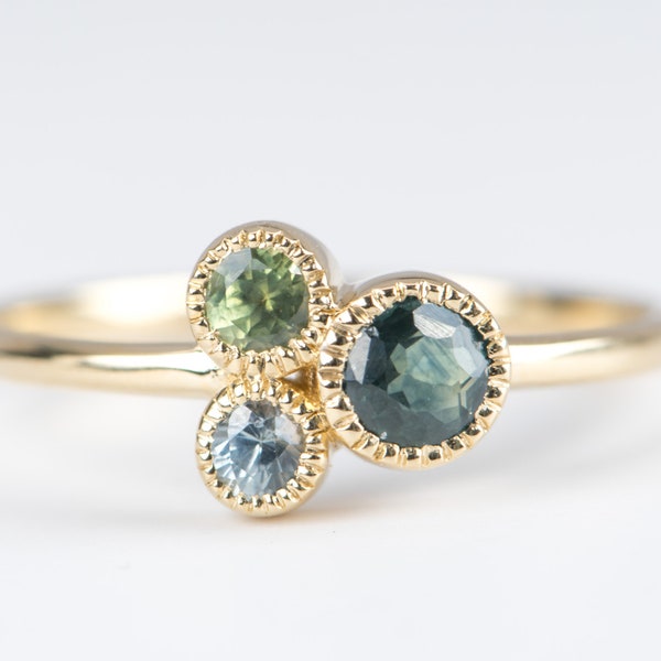 Last One! Trio Montana Sapphire Milgrain Bezel Set Stacking Ring 14K Gold Unique Teal Blue Green Right Hand Birthday Gift for Her R6591