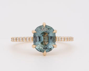 Solid 14K Gold 2.86ct Bi-Color Teal Sapphire Engagement Ring with Diamond Pave Band R6812