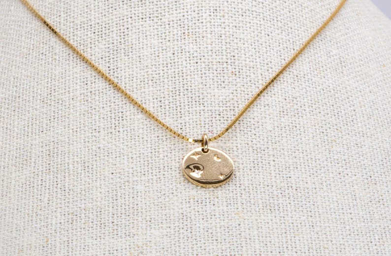 12mm Celestial Diamond Circle 14K Gold Pendant Charm Necklace Hand Engraved Carved Sun Ray Moon Stars Birthday Gift for Her Talisman M4005 image 4
