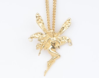 14K Gold Vintage Fairy Pendant Nude Lady with Wings Flying Pixie Whimsical Jewelry V1033