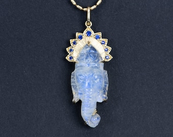 Rainbow Moonstone Carving Ganesha Statement Pendant 9K Gold | Blue Sapphire Lotus Halo Indian Hindu God Amulet Talisman Jewelry OOAK R4399