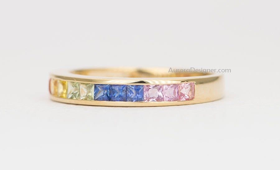 Channel Set Rainbow Sapphire Ring 14K Gold 3mm Wedding Band | Etsy