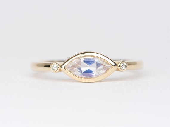 Marquise Moonstone Ring Diamond Engagement Ring 14K Gold Bezel - Etsy