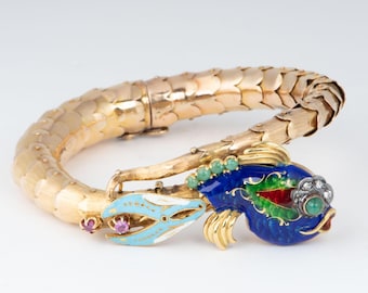 14K Gold Vintage Articulated Goldfish Bracelet Bangle Snake Coil Enamel and Ruby Emerald V1202