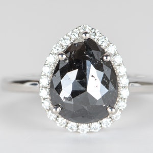 2.22ct Black Diamond Diamond Halo 14K White Gold Engagement Ring Pear Shape Classic Alternative Bride Bridal Unique Anniversary Gift R6309