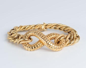 Chunky Bracelet with Snake Scale Texture 14K Gold 24g Figure 8 Italian Italy Designer Jewelry Curb Chain Style Fashionable Wrist Stack R2044