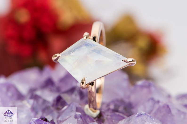 3.55ct Shield Kite Shape Rainbow Moonstone Engagement Ring 14K Rose Gold Solitaire Rustic Rose Cut Rosecut Claw Prongs Wedding AD1686-10