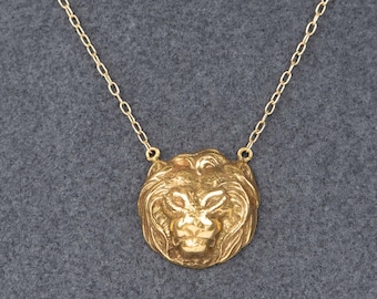 14K Gold Lion Pendant on Dainty Gold Chain Necklace 15" Signed Kiri V1195