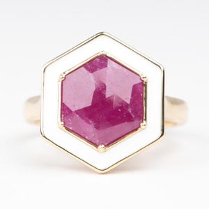 3.1ct Hexagon Rose Cut Ruby with White Enamel Halo 9K Gold Right Hand Ring Pink Red Statement Unique July Birthday Anniversary Present R6679