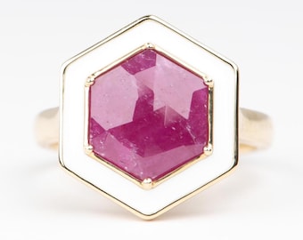 3.1ct Hexagon Rose Cut Ruby with White Enamel Halo 9K Gold Right Hand Ring Pink Red Statement Unique July Birthday Anniversary Present R6679