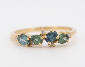 Teal Blue Montana Sapphire and Diamond Cluster Ring 14K Gold Pear Oval Shape Diamonds Green Unique Wedding Band Mermaid Colors Gift M5054