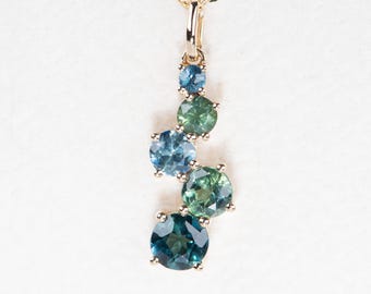Gradual Size Teal Blue Green Sapphire Journey Pendant 14K Gold Necklace Charm Bridal Holiday Gift Something Blue Wedding Present R4036