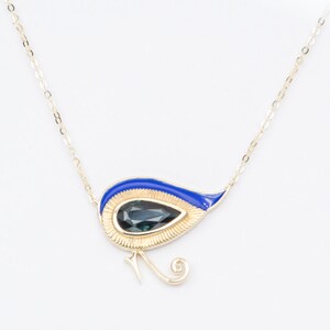Eye of Horus 1.82ct Nigerian Sapphire with Blue Enamel 9K Gold Necklace Teal Blue Green Pear Shape Talisman Egyptian Revival Unique R4262 image 3