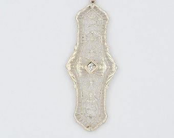 Antique Art Deco Pin Conversion Pendant Diamond Center 14K White Gold 3.2g Filigree Delicate Handmade Hand Crafted Vintage Victorian V1093