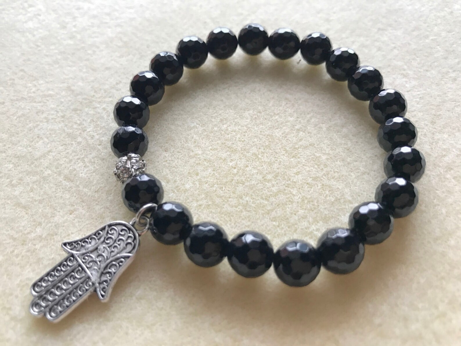 Faceted Black Onyx Stretch Bracelet with Hamsa Hand Charm | Etsy