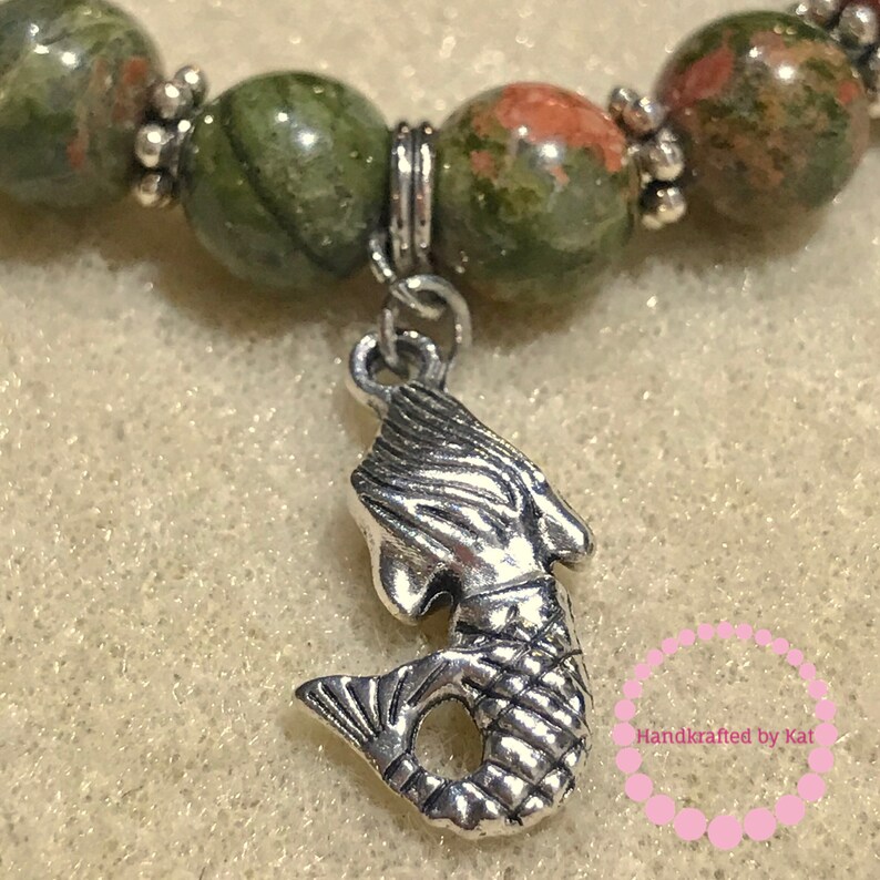 Unakite Mermaid Bracelet; 8mm Unakite Beads; Mermaid Charm; Siren Bracelet