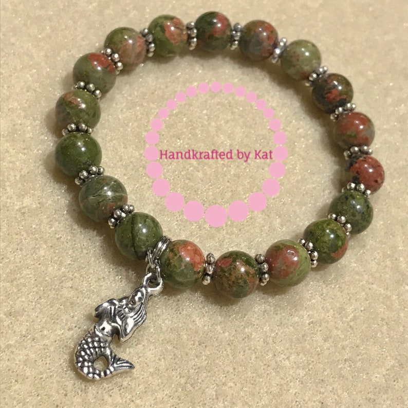 Unakite Mermaid Bracelet; 8mm Unakite Beads; Mermaid Charm; Siren Bracelet