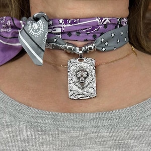LION bandana silk scarf necklace Stainless steel jewelry Silver Gray Mauve Skinny scarf for Bag Purse Head Ponytail Gift for her