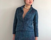 60s mohair skirt suit plaid mohair jackie O suit vintage teal mohair blazer jacket pencil skirt marching suit set S