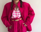 90s silk tracksuit pant suit vintage fuchsia hot pink silk oversized track suit set quilted jacket high waisted pants XS S M