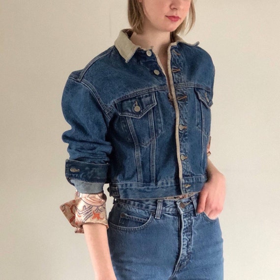 90er Calvin Klein Jeansjacke / Vintage Calvin Klein verblasste Cropped  Denim Jeans Leinen Kragen Jeansjacke Klein