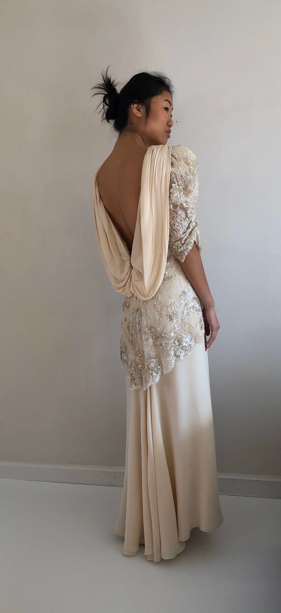 80s backless beaded silk dress / vintage ivory sil