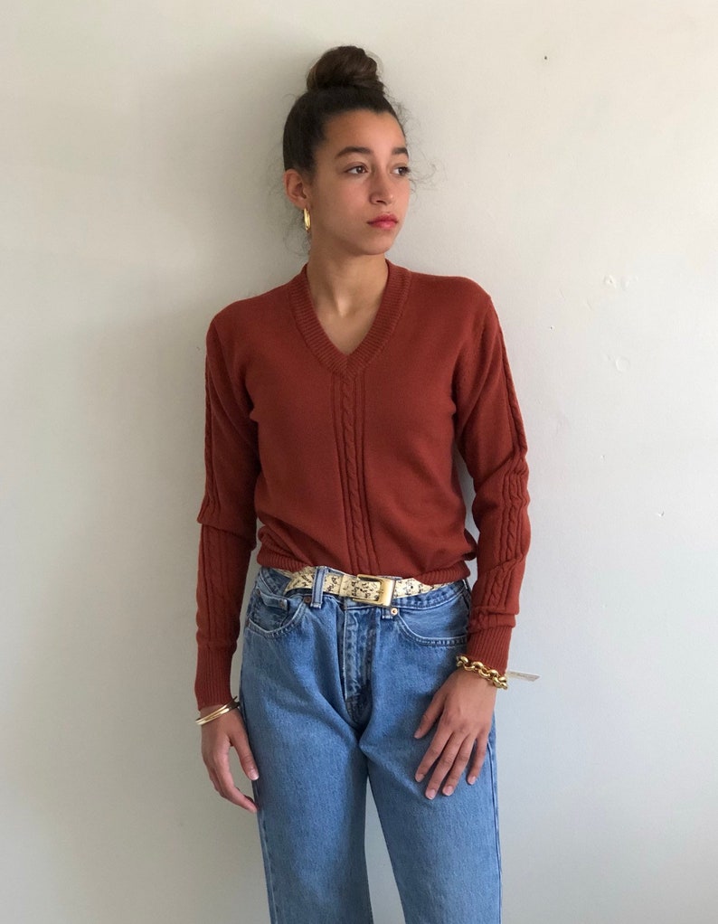 XXS XS 80s wool sweater vintage pure wool terra cotta cable knit v neck sweater rust wool snug cropped deadstock sweater