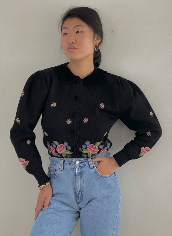 90s puff sleeve embroidered cardigan / vintage bla