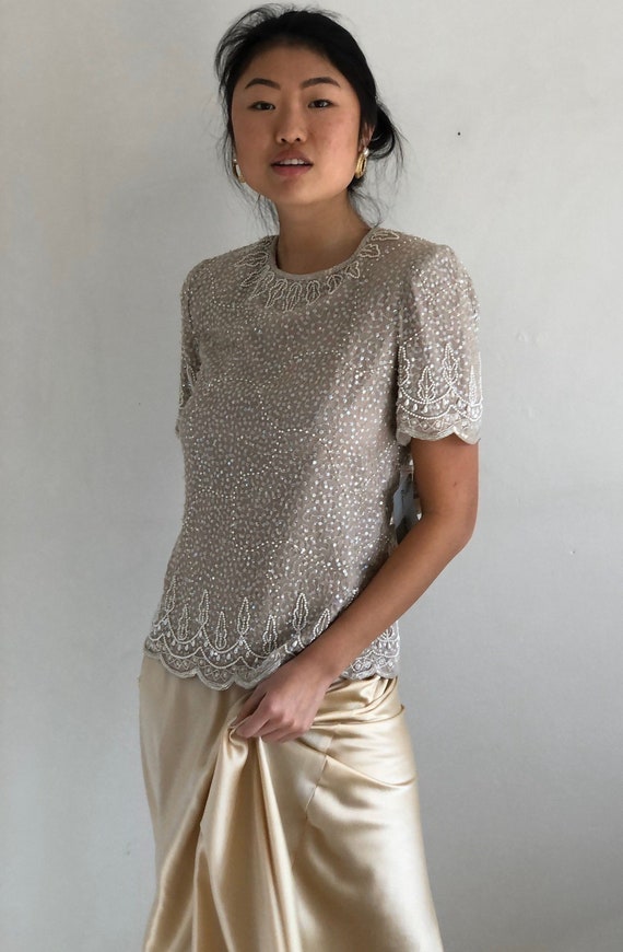 80s silk beaded blouse / vintage nude ecru sheer s