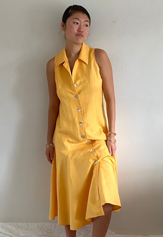 90s Linen Shirt Dress / Vintage Marigold Yellow Woven Linen Button Front  Sleeveless Collared Gored Swing Midi Shirt Dress Medium - Etsy Norway