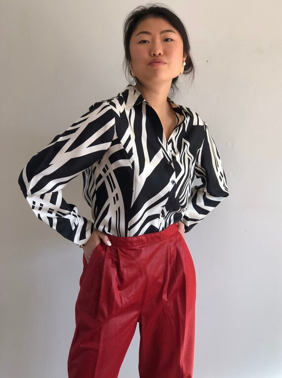 90s silk zebra blouse / vintage black white zebra