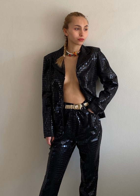 90s snakeskin pant suit / vintage black shiny viny